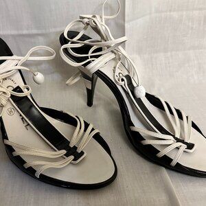 Sold Privately - CHANEL VINTAGE BLACK & WHITE WRAP AROUND SANDALS SIZE 39